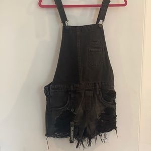 Black denim distressed overalls